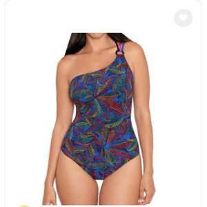 Skinny Dippers One-Shoulder Tropical Leaf Swimsuit in Blue Multi Sz XL NWOT